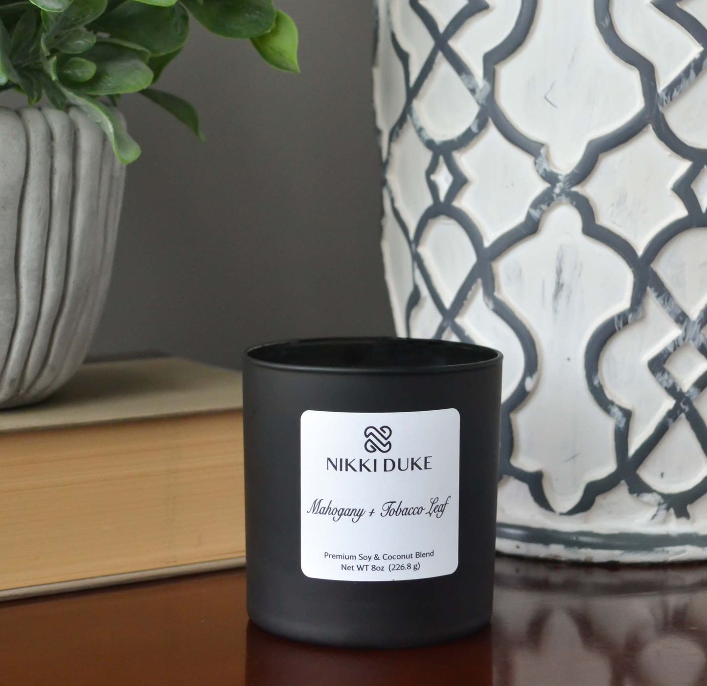 Nikki Duke Mahogany + Tobacco Leaf  8 oz Premium Soy Candle